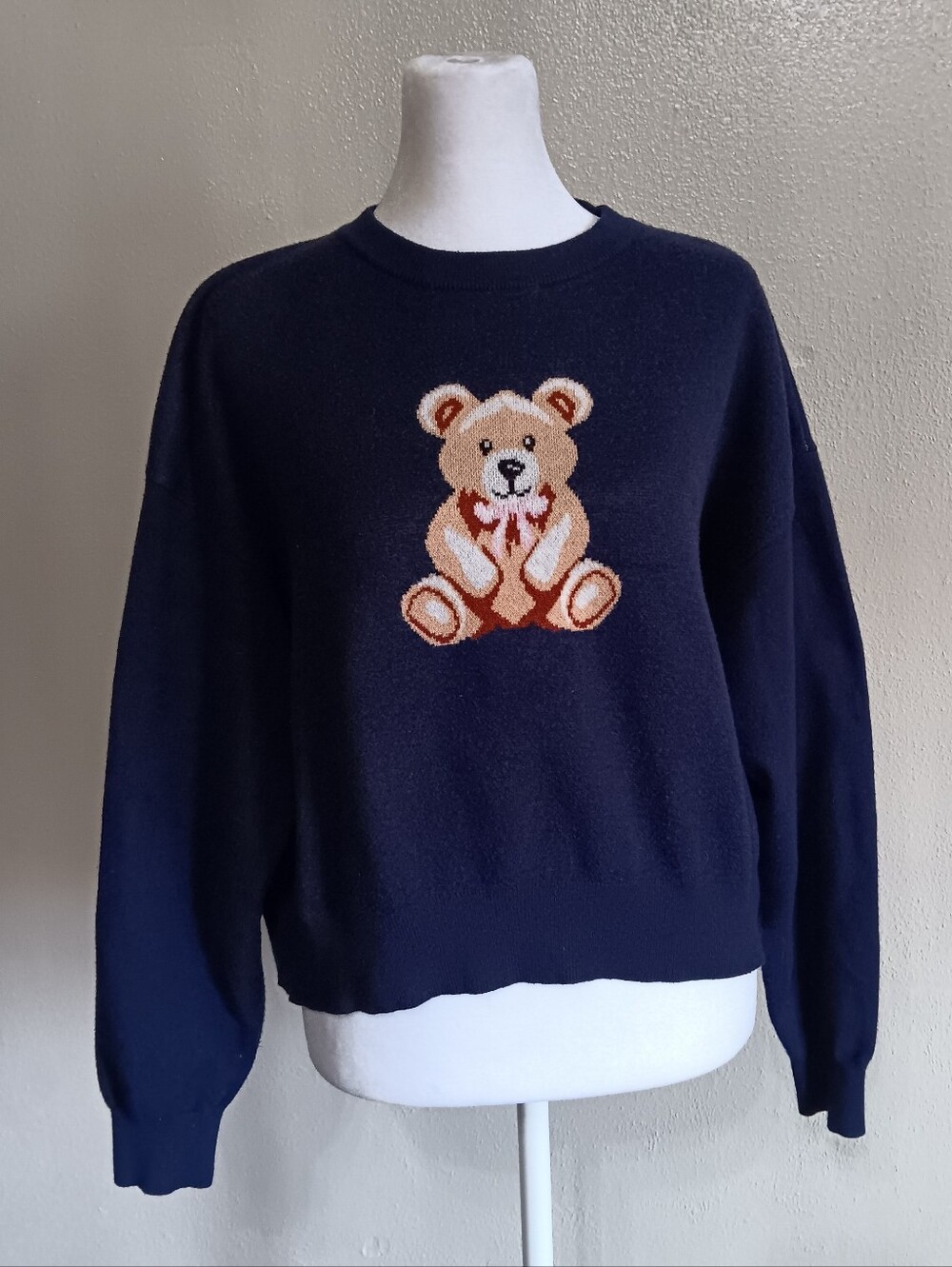 Navy Blue Teddy Bear Sweater, Womens Size Large, Cute Fall Pullover